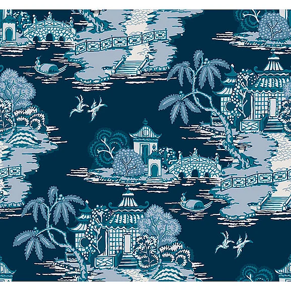 York F17-Toile Resource Library Pagoda And Sampan Scenic Navy Wallpaper RT7901 (Double Roll)