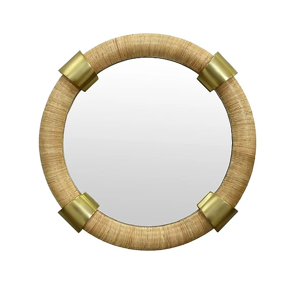 Worlds Away Round Wrapped Rattan Mirror w/ Brass Detail SAYLOR