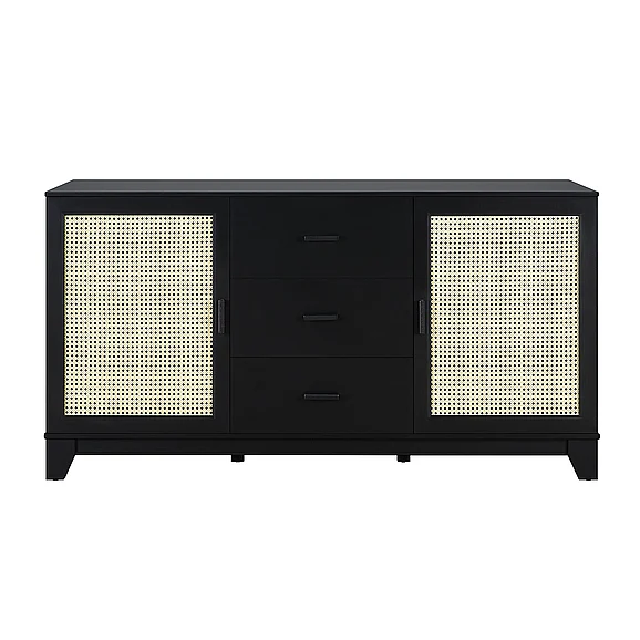Manhattan Comfort Sheridan 59.05 Modern Cane Sideboard with Adjustable Shelves in Black SB-4GLF-BK