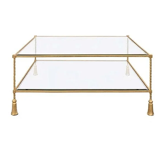 Worlds Away Square Iron Coffee Table with Tassel Inspired Feet and Glass Top in Gold Leaf SCHIFFER G