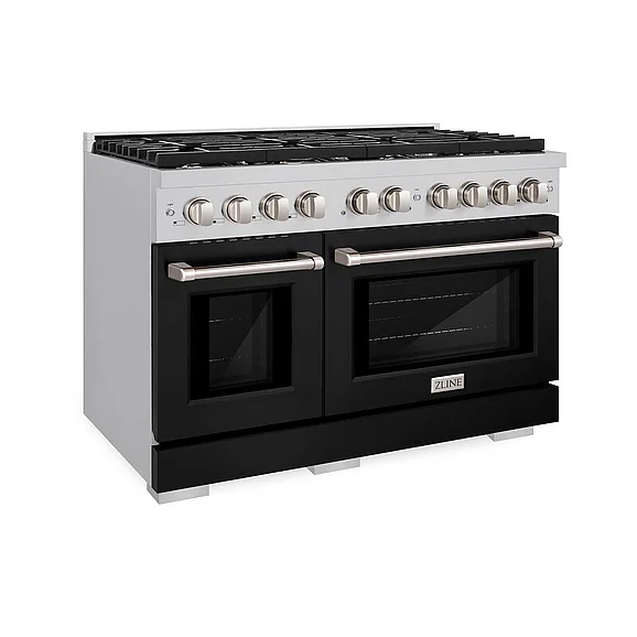 ZLINE 48 In. 6.7 Cu. Ft. Paramount Double Oven Dual Fuel Range w/8 Burner Gas Cooktop In Stainless Steel w/Black Matte Doors in Stainless Steel w/Black Matte Door SDRBLM48