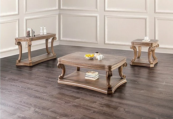 Furniture of America Seven Oaks 3pc Coffee Table Set in Weathered Oak