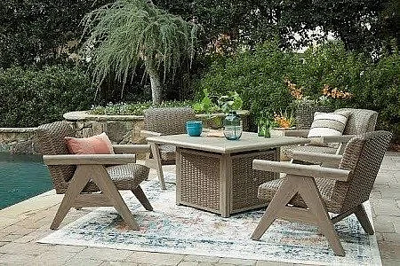 Ashley Furniture Haven Retreat 5pc Fire Pit Table Set In Beige