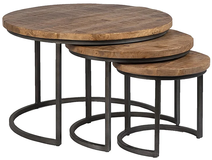 Bennington Medium Browm Mango Wood Nesting Tables with Gunmetal Iron base Set of 3 DV7902