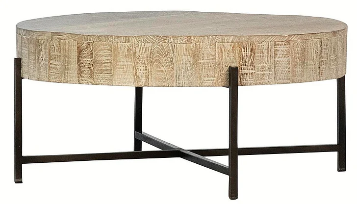Krunle Reclaimed Mango Wood Coffee Table in Light Warm Wash Finish with Black Iron Base DV7906
