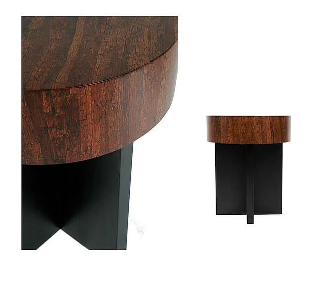 Indo Puri Block Axis Round Side Table in Black and Cinnamon