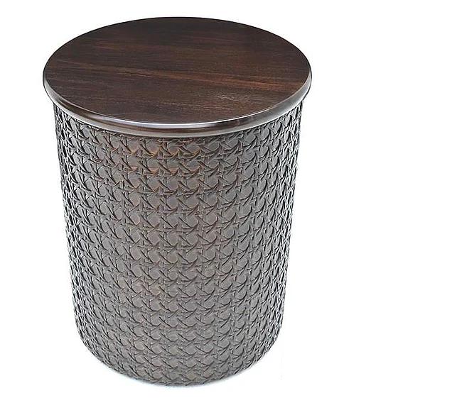 Indo Puri Net Rattan Round Cylinder Side Table in Swiss Elm