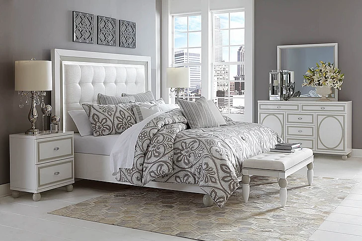 AICO Sky Tower 4pc Upholstered Platform Bedroom Set in White Cloud