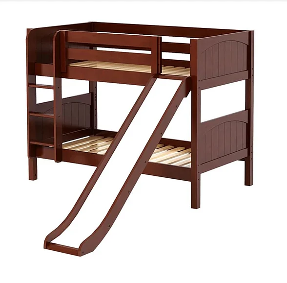 Maxtrix Bare Bone Twin Size Low Bunk (4 x Low) Panel Bed with Straight Ladder and Slide in Chestnut SMILECP