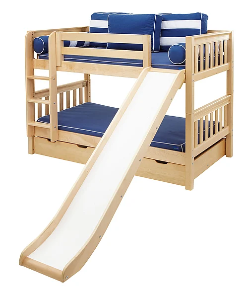 Maxtrix Bare Bone Low Bunk (4 x Low) Slat Bedroom Set in Natural (Straight Ladder and Slide)