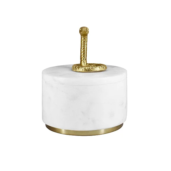 Worlds Away White Marble Container w/ Brass Snake Top and Bottom Brass Rim SNAPE