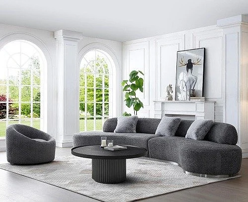 Whiteline Modern Perla Curved Sofa Living Room Set in Dark Grey