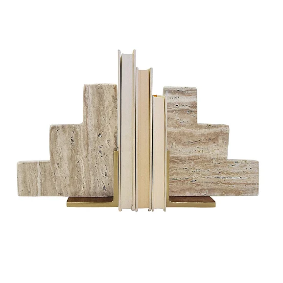 Worlds Away Pair Of Natural Travertine Stair Step Bookends w/ Brass Detail STEPS