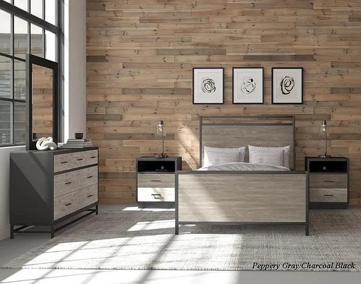 My Home Furnishings Studio Wirebrushed 2pc Bedroom Set in Charcoal Black/Peppery Gray