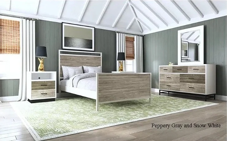My Home Furnishings Studio Wirebrushed 2pc Bedroom Set in Snow White/Peppery Gray