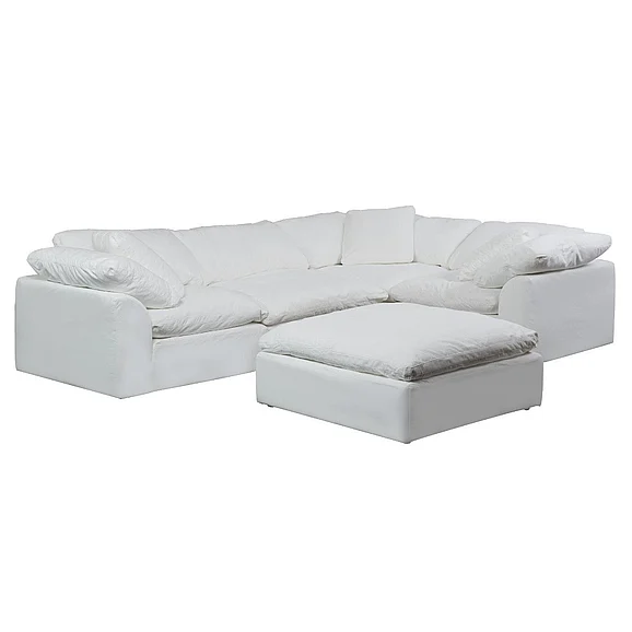 Sunset Trading Cloud-Puff 5Pc Slipcovered Modular L-Shaped Sectional Sofa with Ottoman in White SU-1458-81-3C-1A-1O