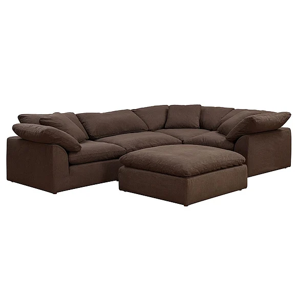 Sunset Trading Cloud-Puff 5Pc Slipcovered Modular L-Shaped Sectional Sofa with Ottoman in Contemporary Brown SU-1458-88-3C-1A-1O