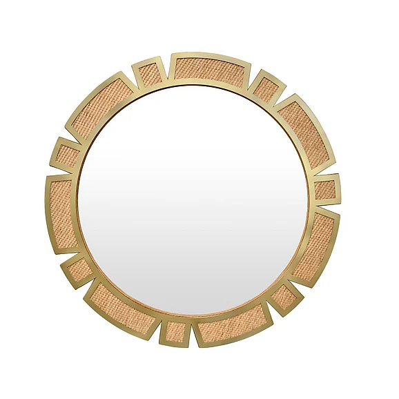 Worlds Away Round Modern Suburst Mirror w/ Framed Rattan in Brass SUNDAY