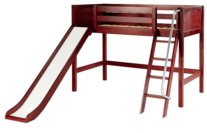 Maxtrix Bare Bone Twin Size Mid Loft (Low/Low) Panel Bed with Angle Ladder and Slide in Chestnut SWEETCP