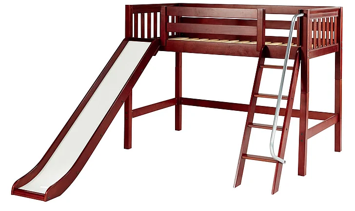 Maxtrix Bare Bone Twin Size Mid Loft (Low/Low) Slat Bed with Angle Ladder and Slide in Chestnut SWEETCS