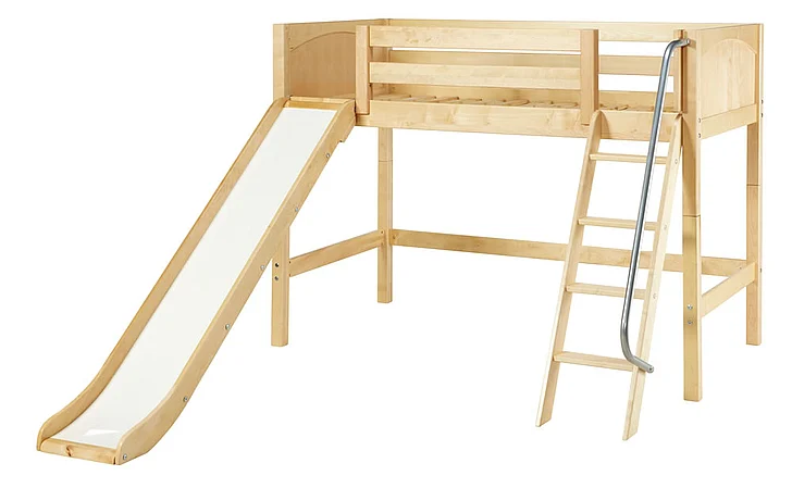 Maxtrix Bare Bone Twin Size Mid Loft (Low/Low) Panel Bed with Angle Ladder and Slide in Natural SWEETNP
