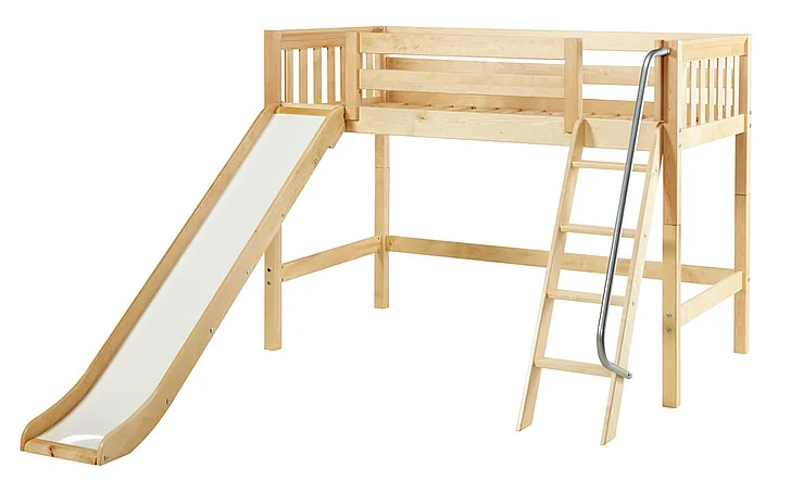 Maxtrix Bare Bone Twin Size Mid Loft (Low/Low) Slat Bed with Angle Ladder and Slide in Natural SWEETNS
