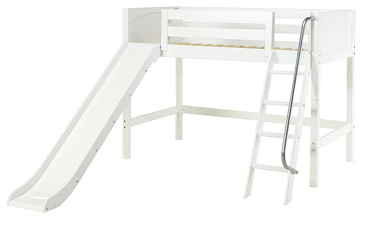 Maxtrix Bare Bone Twin Size Mid Loft (Low/Low) Panel Bed with Angle Ladder and Slide in White SWEETWP