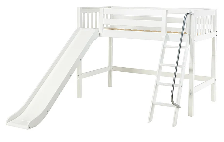 Maxtrix Bare Bone Twin Size Mid Loft (Low/Low) Slat Bed with Angle Ladder and Slide in White SWEETWS