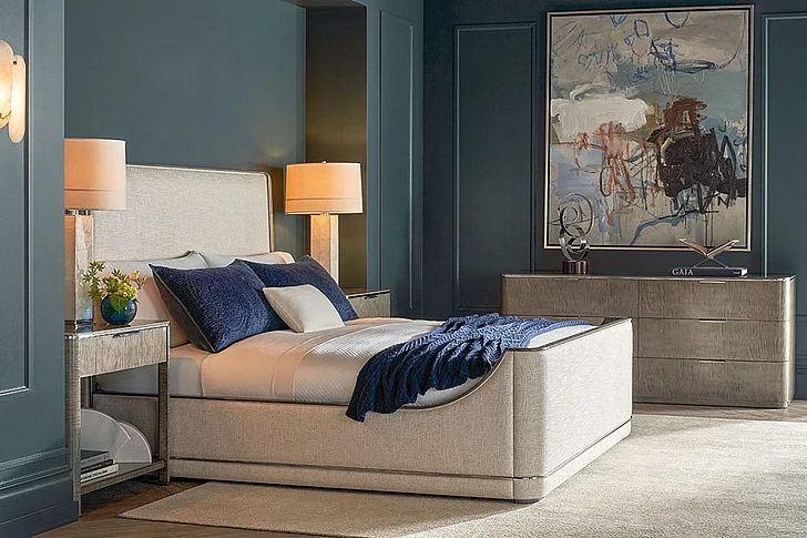 Theodore Alexander Hudson 2pc Upholstered US Bedroom Set in Pebble Grey