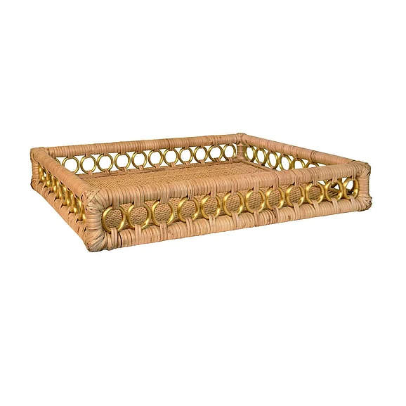Worlds Away Rectangular Natural Rattan Tray w/ Brass Ring Detail On Edge TANGO