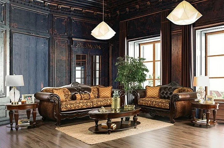 Furniture of America Quirino 2pc Living Room Set in Tan/Dark Brown