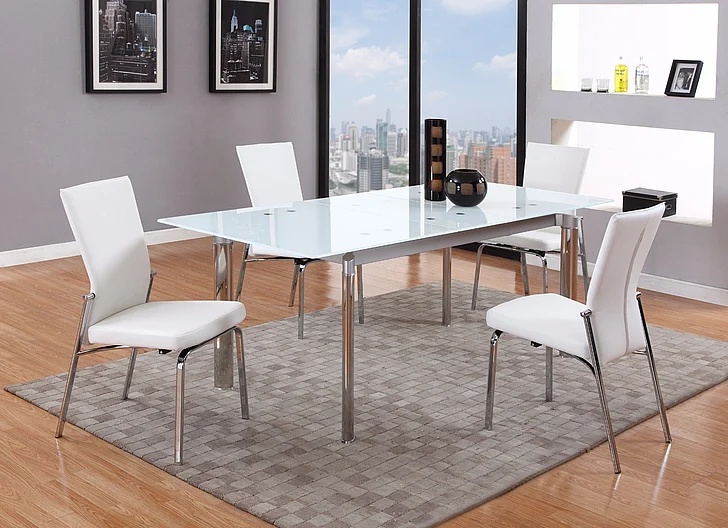 Chintaly Tara 5pcs Pop-up Extension Starphire Glass Dining Table Set in White