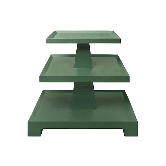 Worlds Away Three Tier Center Column Side Table in Textured Green Linen TATIANA GR