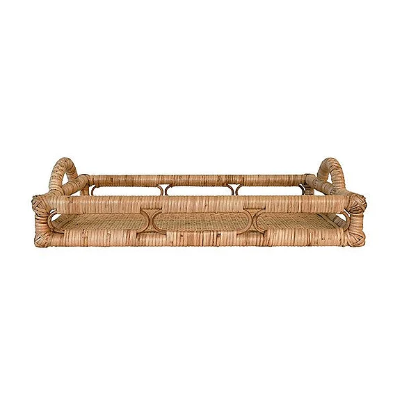 Worlds Away Rectangular Natural Rattan Tray w/ Open Oval Detail Sides TATUM