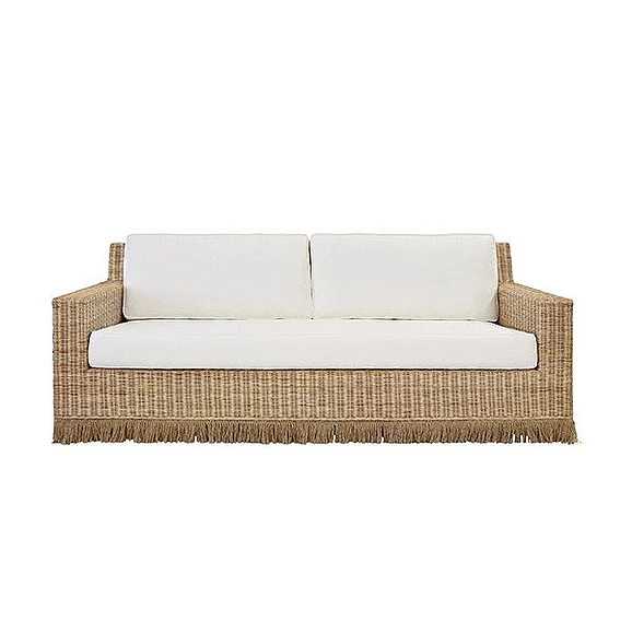 Worlds Away Lawson Style Sofa in Natural Rattan w/ Fringe Skirt and Ivory Linen Cushions TENNY WH