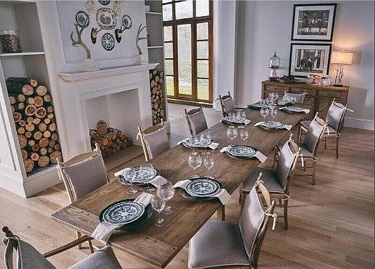 Jonathan Charles Timeless 11pc Sidereal French Laundry Dining Table Set in Stripped Brown Chestnut