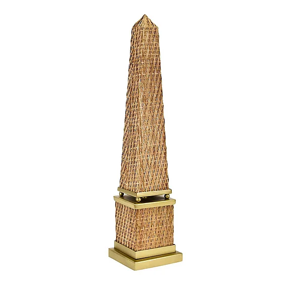 Worlds Away Woven Rattan Obelisk Scultpture w/ Antique Brass Detail TITUS