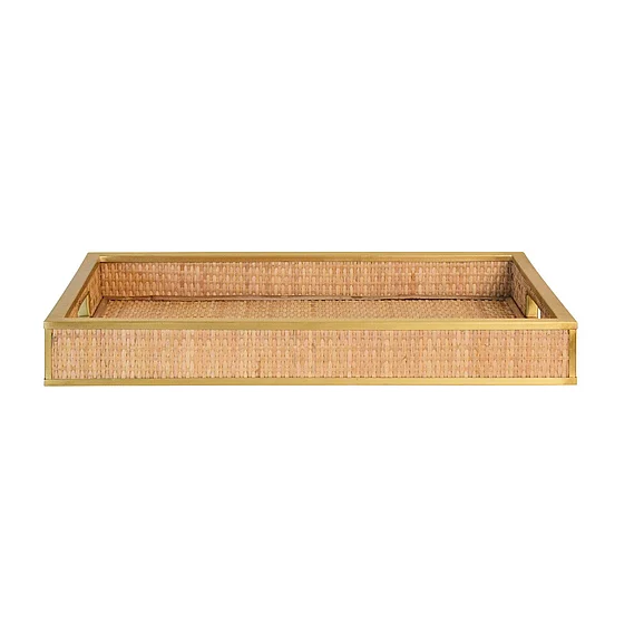 Worlds Away Rectangular Natural Wicker Rattan Tray w/ Framed Brass Edge TOBIN