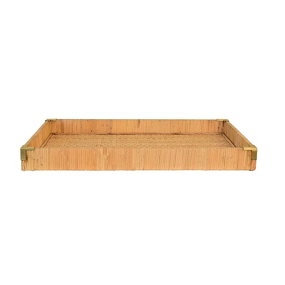 Worlds Away Large Rectangular Natural Rattan Wrapped Trays w/ Brass Corners TOMMY LG