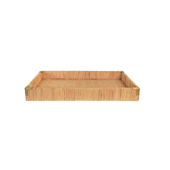 Worlds Away Small Rectangular Natural Rattan Wrapped Trays w/ Brass Corners TOMMY SM