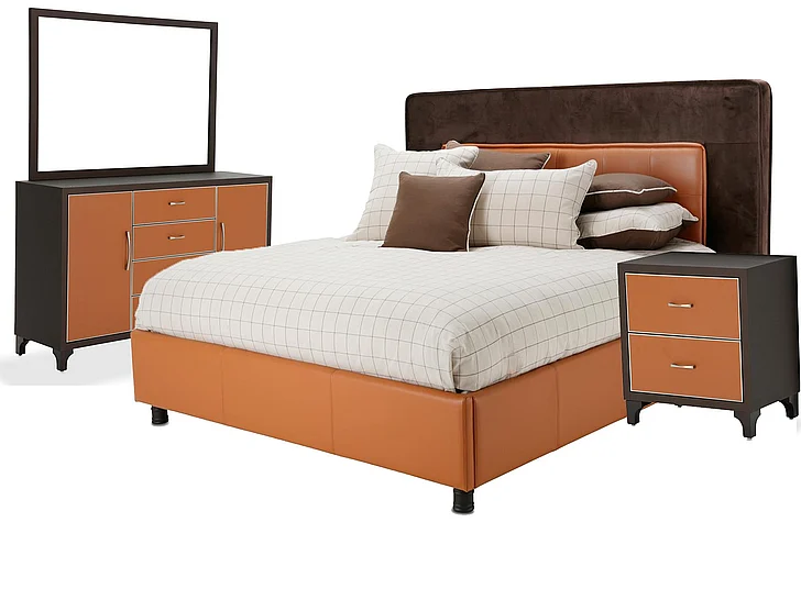 Aico 21 Cosmopolitan 4pc Upholstered Tufted Bedroom Set in Orange/Umber
