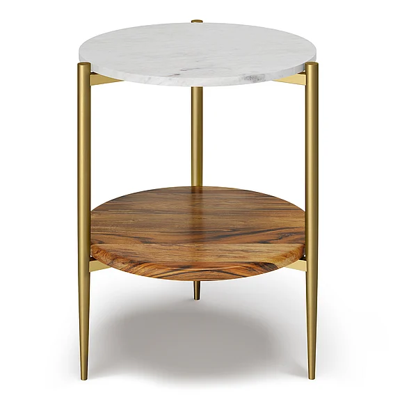 Simpli Home Wagner Round Marble & Wood Side Table in White/Natural AXCWAG-04-N