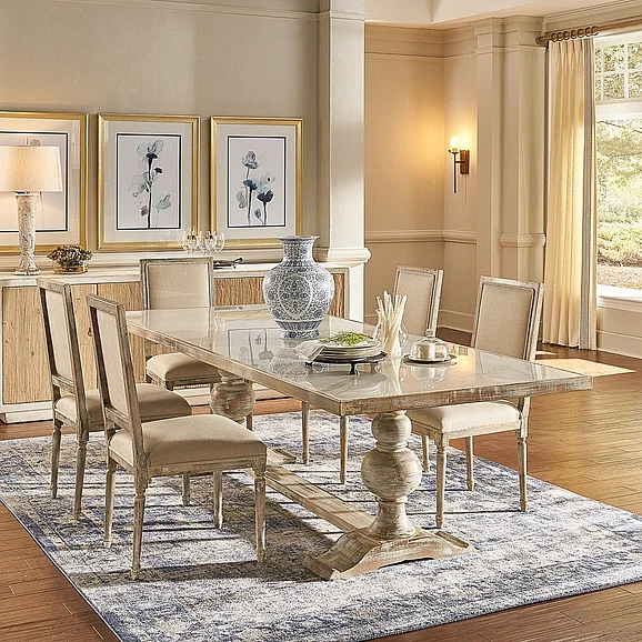 Sarreid 5pc 81inch Small Dining Table in Grey Set with Square Back Side Chair in Grey Oak/Flax
