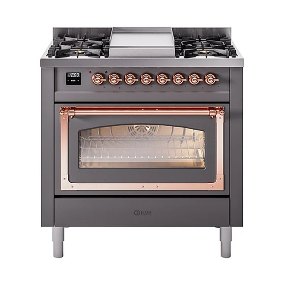 ILVE Nostalgie II Noblesse 36 inch Dual Fuel Range with 6 Burners and Griddle in Graphite Matte UN36FNMPMGPLP