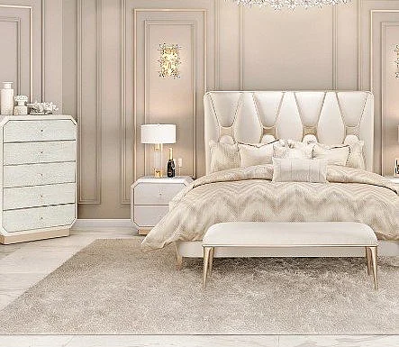 AICO La Rachelle 2 Piece Upholstered Panel Bedroom Set in Medium Champagne