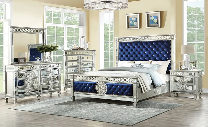 Acme Furniture Varian 4pc Crystal Tufted Panel Bedroom Set in Blue