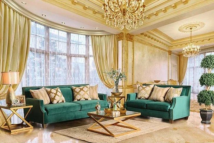 Furniture of America Verdante 2pc Living Room Set in Emerald Green/Gold