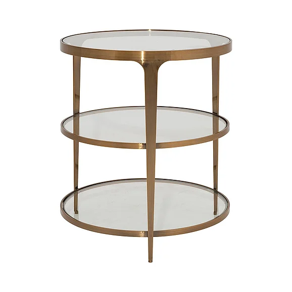 Worlds Away Vienna Three Tier Glass Top Round End Table in Antique Brass VIENNA ABR