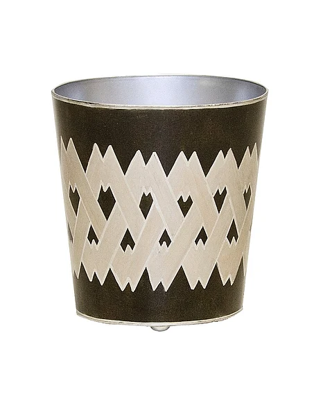Worlds Away Oval Wastebasket Black and Silver Argyle WBARGBS