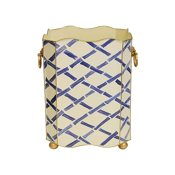 Worlds Away Lion Square Wastebasket Lion Handles in Blue Bamboo WBLIONSQ BAMBL